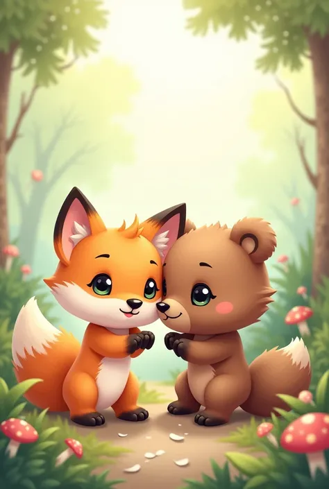 Create an image of a cute baby fox and a baby bear as an illustration