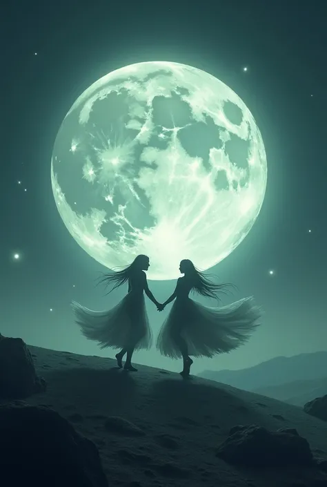 A moon on which 2 silhouettes dance 