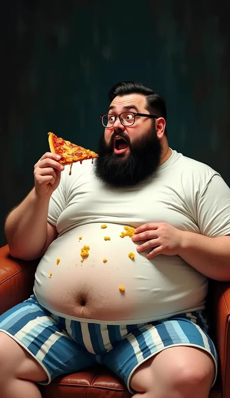 an artistic painting, an illustration, a man, 35 years old, close-up face, very fat, straight black hair, big beard, glasses, white t-shirt showing belly, blue and white striped shorts, wide eyes, mouth open, scared, sitting on the couch, dirty with food, ...