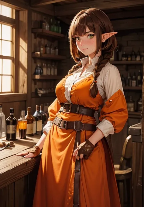 ((best quality))) (((HD))) (((8k))) (character) 20-year-old woman, ((adventurous)), long pointy ears, green gemstones, green gemstone earrings, young halfling, elf, (freckles:1.2), ((beautiful)), ((serious)), ((brown hair)) and ((hair just touching shoulde...