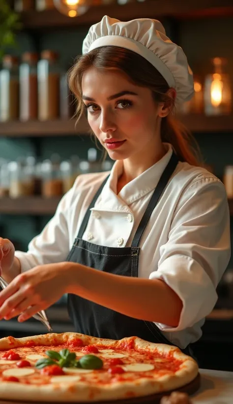 a beautiful European girl making pizza in a pizzeria, detailed ingredients and spice jars in the background, medium shot, beautiful detailed eyes, beautiful detailed lips, extremely detailed face and hair, long eyelashes, chef's uniform, warm lighting, cin...