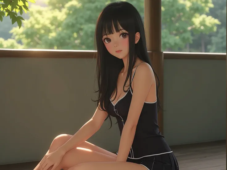 Japanese woman with long hair wearing thin black pajamas, black underwear, open shoulders to show the cleavage. There is a pleated hem, sitting in a sexy pose with a background of walls and trees. The sun shines through the leaves.