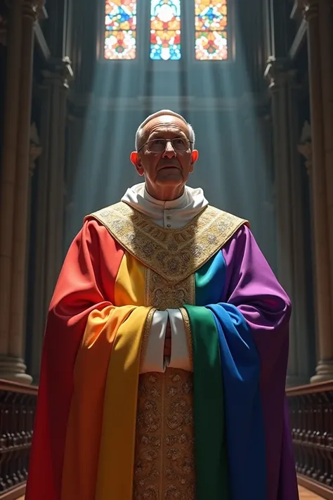 Create hyperrealistic image of Pope Francis wearing a robe in the colors of the LGBT flag