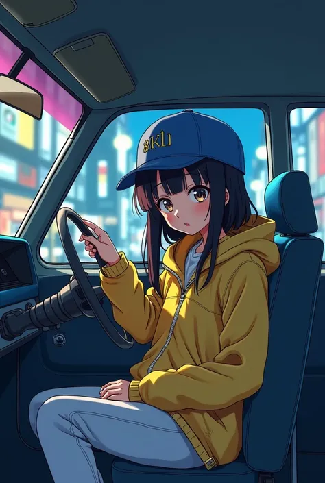 anime girl in a yellow jacket and blue hat sitting in a car, an album cover by Shinoda Toko, tumblr, graffiti, lofi girl, 8 0 s anime vibe, lofi hip hop, anime vibes, chillhop, tokyo background, lofi girl aesthetic, lofi artstyle, tokyo anime scene, anime ...