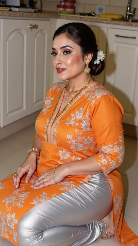 I am 40 year old plus size tall and big giant indian muslim women, looking like indian actress hansika motwani, wearing a gold boarded short hand full length side slit open orange floral kurti ,and shining reflective glossy silver mid-khalf length capri le...