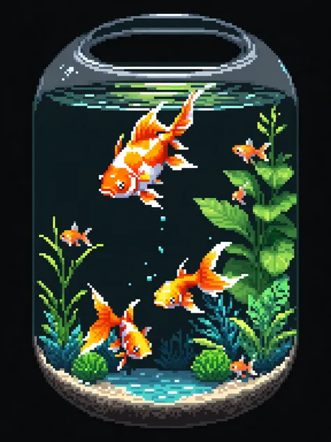  pixel art , Terrarium, goldfish、  simple black background,  game icon