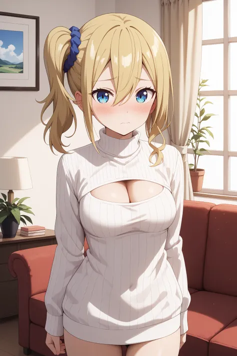 masterpiece,best quality,{{detailed beautiful face and eyes}}, very detailed background,
Ai Hayasaka,{{{megami magazine}}},long hair,blonde hair,{{left side ponytail:1.5}},blue scrunchie,hair scrunchie,hair between eyes,sidelocks,medium breasts,
white swea...