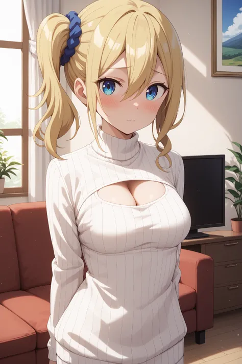 masterpiece,best quality,{{detailed beautiful face and eyes}}, very detailed background,
Ai Hayasaka,{{{megami magazine}}},long hair,blonde hair,{{left side ponytail:1.5}},blue scrunchie,hair scrunchie,hair between eyes,sidelocks,medium breasts,
white swea...