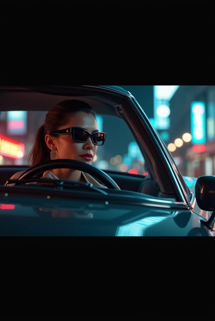 A lady riding car add night sunglasses on street.