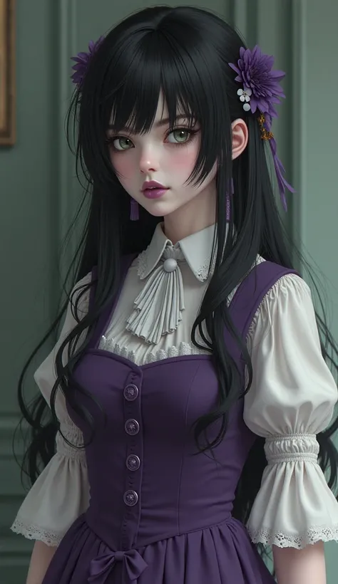 2.5d anime style, she's medium size, 5'10", and weighs 138 lbs, making her very slim. Modest Victorian clothing. She has white skin, but some features are extremely pale, especially her face, eyes, and cheeks. Purple lipstick. Her hair is long jet black wi...