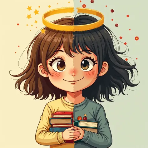 A split-style illustration of a girl with dual personas: one side depicts her as a "Good Girl" with a golden halo, tidy books, and a serene smile, while the other side reveals "Bad Habits" — messy hair, a cracked halo, scattered candy wrappers, and a misch...