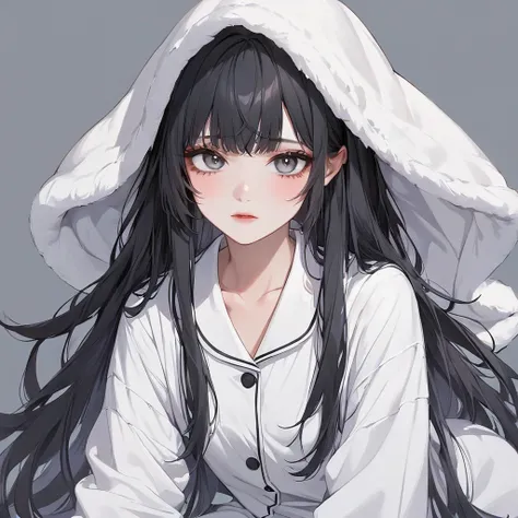 1 girl, gray eyes, black hair, long hair, white pajamas, dark color, background, simple