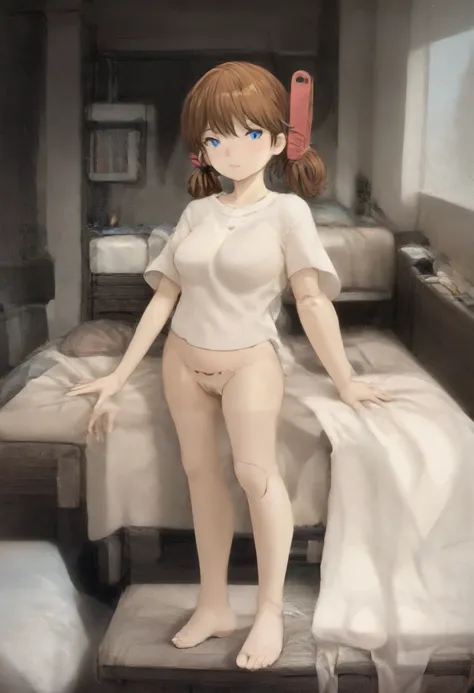 A girl is in the bed, Instructions, detailed assembly design drawing, Middle age, joint seam,full body view, height 160 cm mechanical lady, she gets ecstasy in pleasure, very short pigtails, brown hair, Hair tie with two big red clothespins, mature, androi...