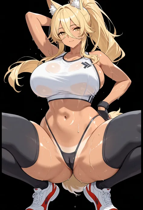 1girl, blonde hair, long hair, ponytail, long ponytail, bangs, long bangs, wolf ears, wolf tail, yellow eyes, shiny skin, tan, tan skin, large breasts, thick thighs, wide hips, sportswear, white sports bra, sports bra, g-string, highleg bikini, black bikin...