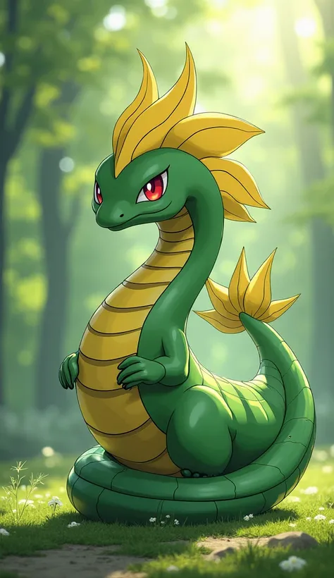 name: Jaroda (Serperior)
type: grass (Grass)
 characteristic : Shinryoku（When HP is 1 / 3 or less 、Grasstypeの技の威力が上がる） /  amanojaku （隠れ characteristic :  ability changes are reversed ）
Appearance:
 an elongated body like a snake
Yellow-green or yellow patt...