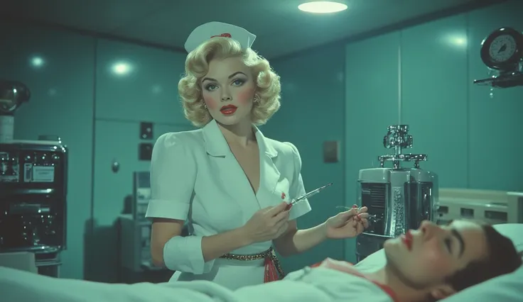 Marilyn Monroe as Elle Driver, wearing a nurse's uniform from the 1950s, smirking as she injects a syringe into a patient's IV bag. The hospital room is sterile and eerie, with harsh fluorescent lighting