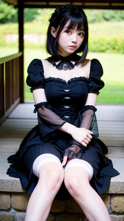 (Beautiful  Japanese girl),  cute face, ( Deeply Carved Face:0.7), (Freckles:0.6), Soft light, healthy white skin, shy,  side tail Courtesy, ( serious face), (Sparkling Eyes), thin,straight bangs, black hair, gothic lolita,whole body,Do a courtesy, long sk...