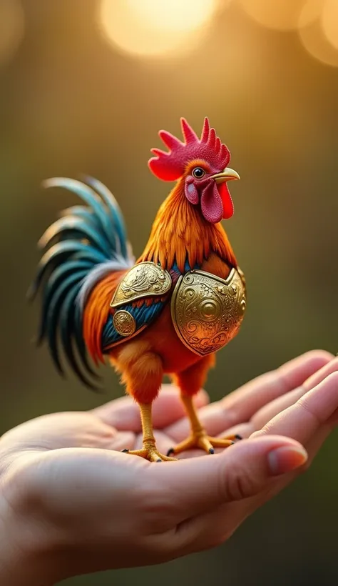 "A tiny, incredibly adorable and vibrant rooster stands delicately in the palm of a human hand, supported gently by the person’s fingers. Its feathers shimmer with a dazzling array of iridescent colors, reflecting golden hues that make it look almost magic...