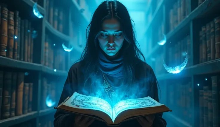 An ethereal library filled with floating books illuminated by soft blue light, featuring a character resembling, deep in thought as they read an ancient scroll that glows with mystical symbols. Hyper realistic