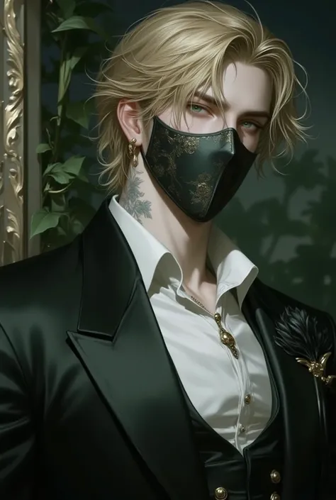 Gender: Male. Age: 28. Skin: soft pale. Eyes: deep green. Hair: well kept blond hair. Facial Features: sharp eyes, sharp jawline, handsome face, plump soft lips. Details: 1850, Ball suit, masquerade mask hiding his face. Anime Filter: High-quality, semi-re...