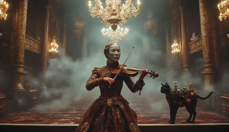 Ultra-smooth coherent movement, IMAX cinematic quality, hyper-detailed photorealism, extreme realism. Steampunk. Hyperrealistic. A grand Victorian-era theatre interior, ornate with brass and mahogany. A pale, elegant woman in a deep burgundy gown embroider...