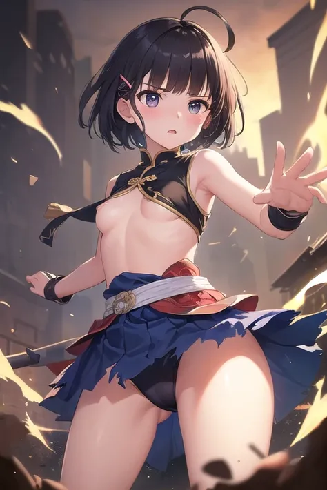 ((top quality)), ((masterpiece)), (Details),  1 girl。blunt bangs。Short Hair。 braids。ahoge。Cute hair clip。Brave expression。 you look very young。 small breasts。(( moving composition))。samurai。 composition from below 。 torn clothes from above。Fight with bare ...