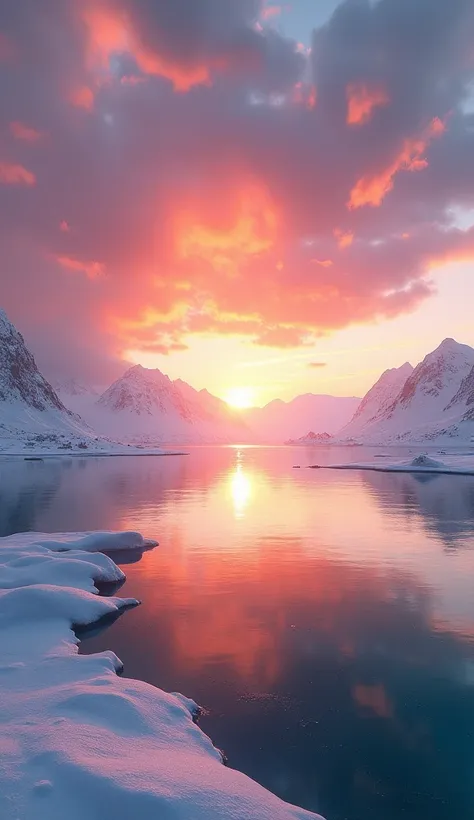 "A serene Arctic landscape with the sun shining brightly at midnight, reflecting off a crystal-clear lake with vibrant orange and pink hues in the sky."