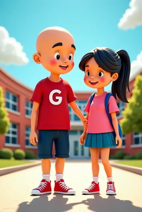 3D drawing, bald boy,  red t-shirt with letter G on the front , dark blue shorts, white socks and red sneakers ,   black hair with a ponytail on its head, Pink blouse , blue mini skirt, white socks and pink sneakers, going to school, In the background the ...