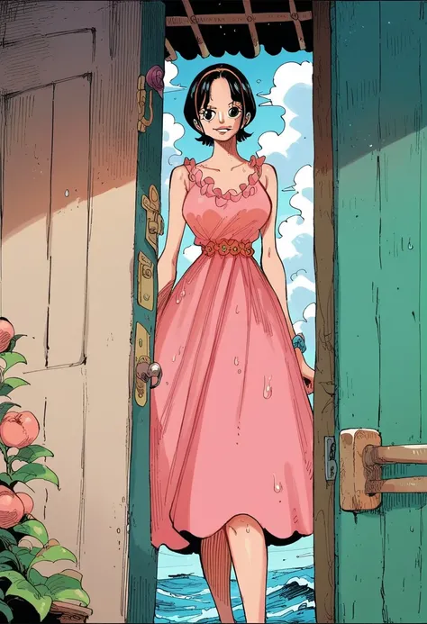 Score _9, Score _8_climb, Score _7_climb,  1 girl, onepiecestyle, cool,  short hair ,  big breasts ,  thin hips ,  peach dress , Big ass ,  background on a sunny boat at the door