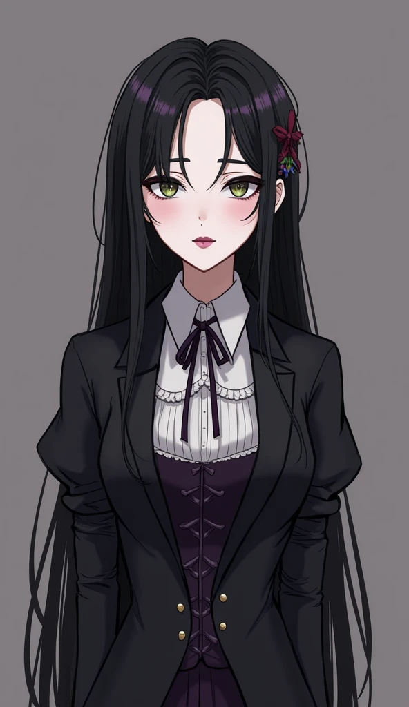 anime style, she's medium size, 5'10", and weighs 138 lbs, making her very slim. Modest Victorian clothing. She has white skin, but some features are extremely pale, especially her face, eyes, and cheeks. Purple lipstick. Her hair is long jet black with on...