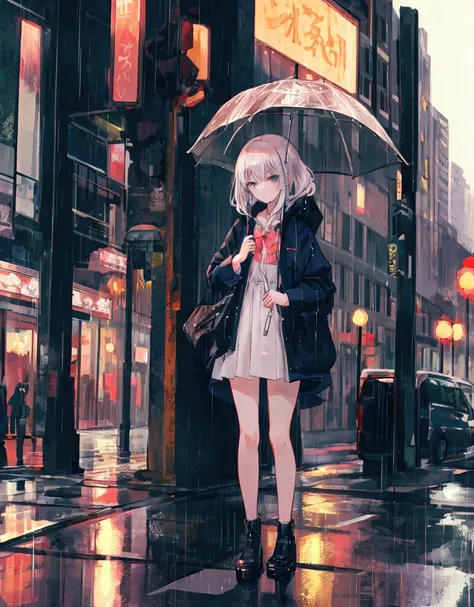 anime girl standing in the rain in a city at the night