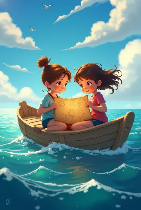  2d image of a girl with a treasure map on a raft together with her friend 