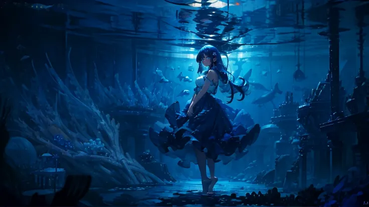 (( dark blue hair long hair 1 girl:1.4))，Full body solo shooting、((seabed:1.4))、Floats in water、Lots of small fish、(( white dress 、 barefoot))、A lot of bubbles、jellyfish、Coral Reef、Various fish 、Blue Fish、School of sardines、Sink、Sunken Ship、Mysterious、 Fan...