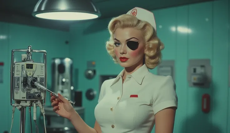 Marilyn Monroe as Elle Driver, wearing a nurse's uniform from the 1950s and an eye patch in the right eye , smirking as she injects a syringe into a patient's IV bag. The hospital room is sterile and eerie, with harsh fluorescent lighting