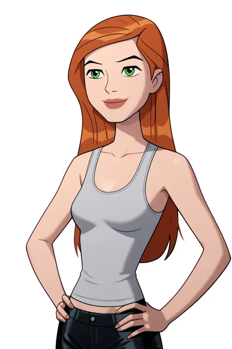 masterpiece,best quality,gwen_af,1girl,solo, red hair, long hair, green eyes, lipstick, grey tanktop and black biker shorts, medium breast,white background,simple background,half body,smile,closed mouth, hands on hips 