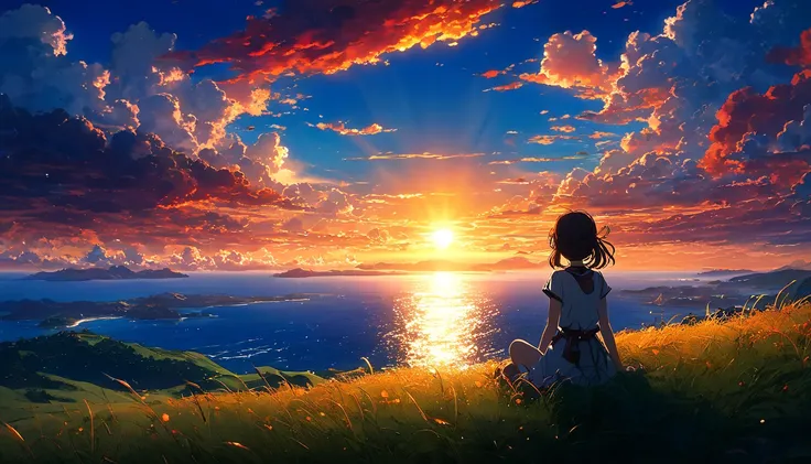  high quality,  8K ultra HD . The image is、 Girl Watching Anime 、
  Sunrise 、 with bright blue sky and red and orange hues of the sun The view from the grassy hill to the formidable ocean is projected。.。, Against the backdrop of vibrant blue sky and the re...