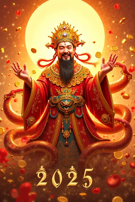  around {x} Create a picture of God of Fortune，2025， God of Fortune Celebrating ， with splendor ， Gold coins Surrounding ，Surrounded by many golden snakes，Frame 9 :16，Ultra HD
