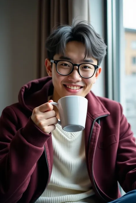 27 years old man with white v-neck sweater and maroon jacket a sitting beside bedroom and window. His short Korean perm with dark silver hairstyles. He is looking directly at the camera with a smirk. He has diamond jawline-shape, his droopy nose, natural l...