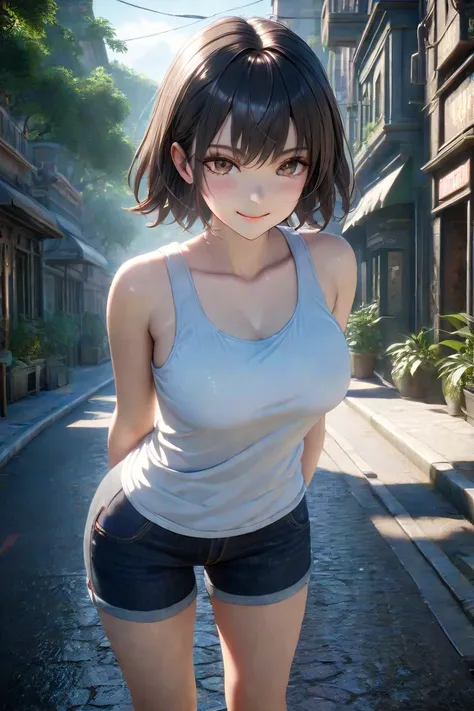 pure 20 year old girl 、(( white tank top standing on the street,  dramatic poses)),smile,Shortcut,Natural Parks、 RAW photos in the loop, (8k、 top quality、​masterpiece:1.2)、( intricate details:1.4)、( photorealistic:1.4)、 octane rendering 、 complex 3d render...