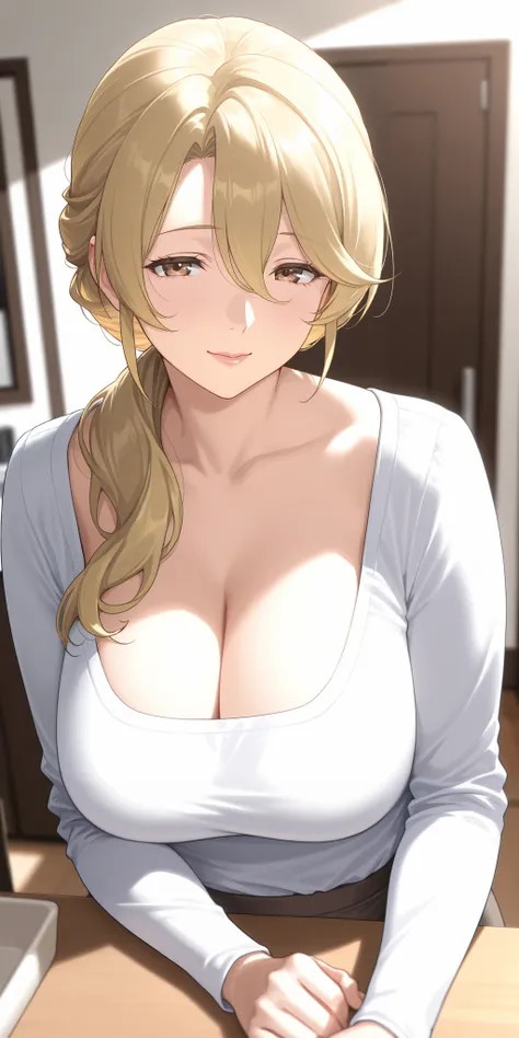 mature female, housewife, Blonde hair, hair between eyes, chignon hair, long sleeve shirt, cleavage, milf, soft light, high detailed, best quality, upper body, ufotable studio style