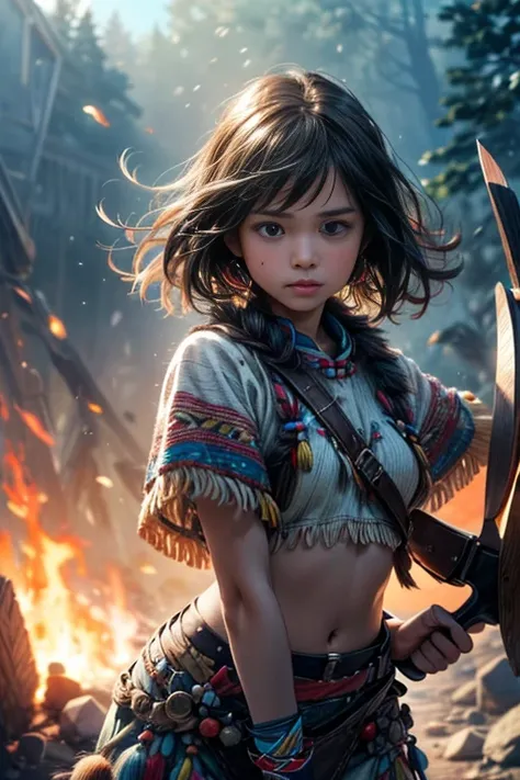   beautiful ,   detailed image of a young Native American girl with dark hair,   small figure  , warm skin tone  , tomahawk, (  High quality ,4K,8 thousand.,  high resolution , a masterpiece of failures :1.2),  Super detailed  ,(  realistic),  intricate Na...