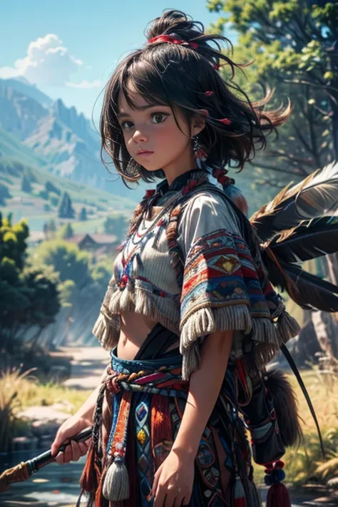   beautiful ,   detailed image of a young Native American girl with dark hair,   small figure  , warm skin tone  , tomahawk, (  High quality ,4K,8 thousand.,  high resolution , a masterpiece of failures :1.2),  Super detailed  ,(  realistic),  intricate Na...