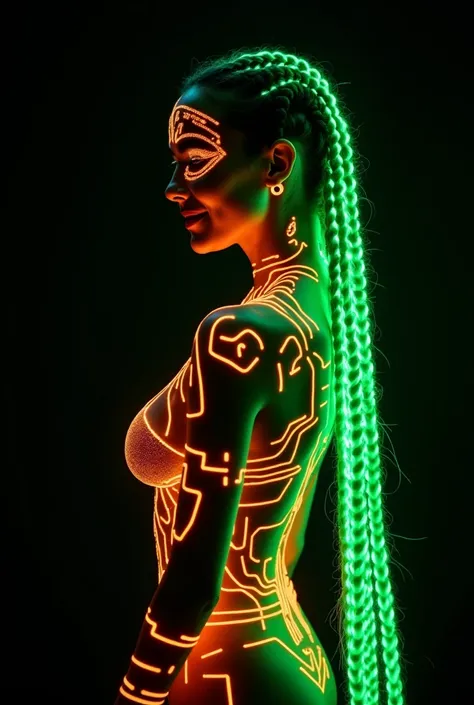 The full-length image of a full-length profile woman with a beautiful face. The woman has long, braided hair with green neon lights running through the hair. l The person's body is decorated with orange neon patterns and symbols that look like electronic c...