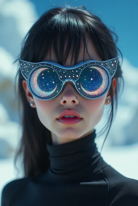 The model is wearing glass sunglasses with stars and the moon on the glass