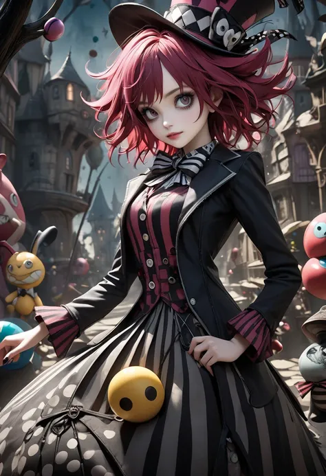  high definition , masterpiece,  accurate,  top quality,  high definition model,  high detail,  Tim Burton style ,  Mad Hatter , ((woman)),  dark,  has a soft texture  , Matte and toy-like  , Handmade premium look,   Fantasy Backgrounds , 