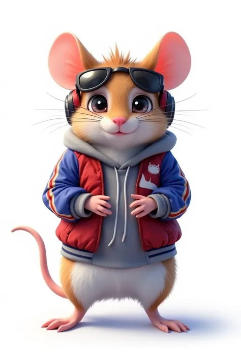 Perfect centering, Cute mouse, Wear a student team jacket, Wearing sunglasses, Wearing headphones, cheerfulness, Standing position, Abstract beauty, Centered, Looking at the camera, Facing the camera, Approaching perfection, Dynamic, Highly detailed, Smoot...