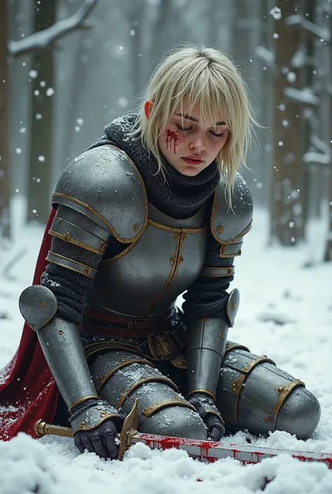  photorealism high quality : battle scene,  medieval battle in the winter forest , (( in the center of the frame for the whole frame  :  on her knees is a girl in realistic knight armor  ,without a helmet,  drooping head with short disheveled blond hair,  ...