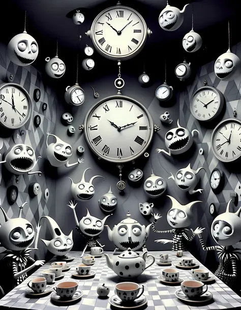  black and white (Pencil sketch:1.1), Tim Burton style の館の迷宮のような廊下の中で,  have a clock with faces and hands hanging on the wall ,  each depicts a different time period in a surreal world . Eccentric residents unfold like ,  wear dazzling geometric costumes ,...