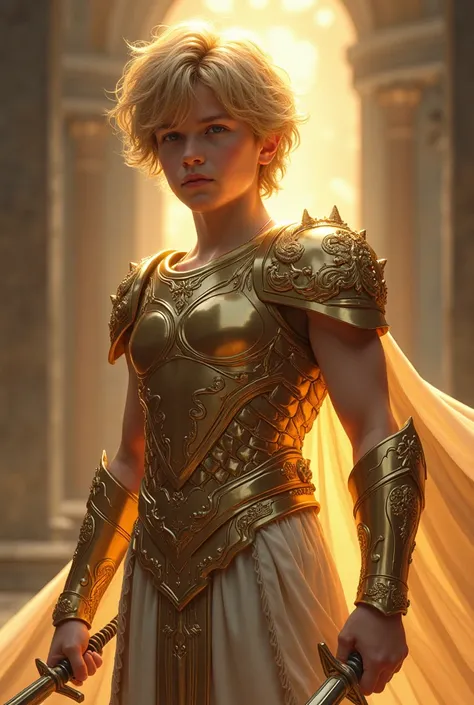 Raise me a boy with medium blond hair, wearing heavenly bronze armor based on the Greek god Hermes, using two daggers.