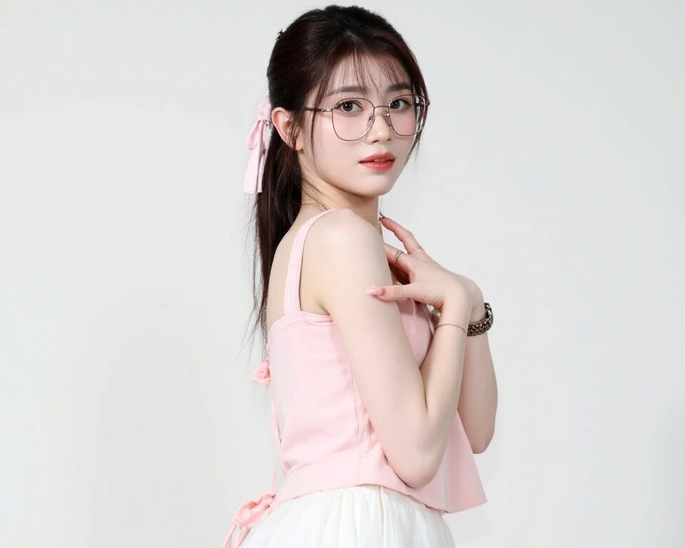 Japanese woman with long hair ,  chest ,  dark brown hair ,Ponytail , Wear a light pink dress,  , Light pink top reveals white dress ,  dark brown shoes, 